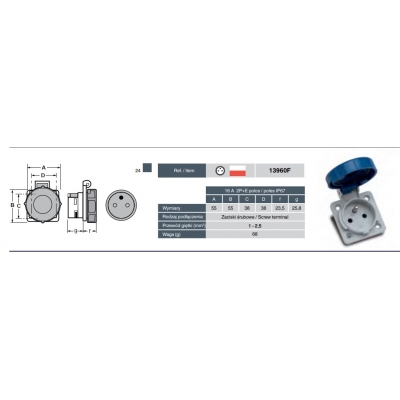 Gniazdo tablicowe 230v gs IP67 niebieskie gniazdko